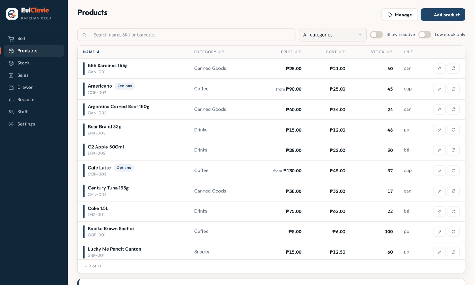 The menu management page, listing products with their prices, sizes and add-on groups, ready to edit