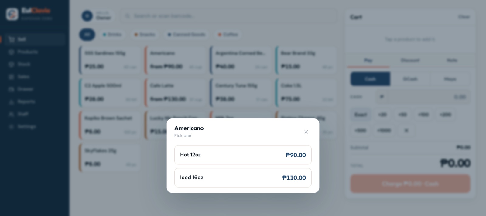 The option picker for a product, where the cashier chooses a size and taps add-ons that each add their own amount to the total