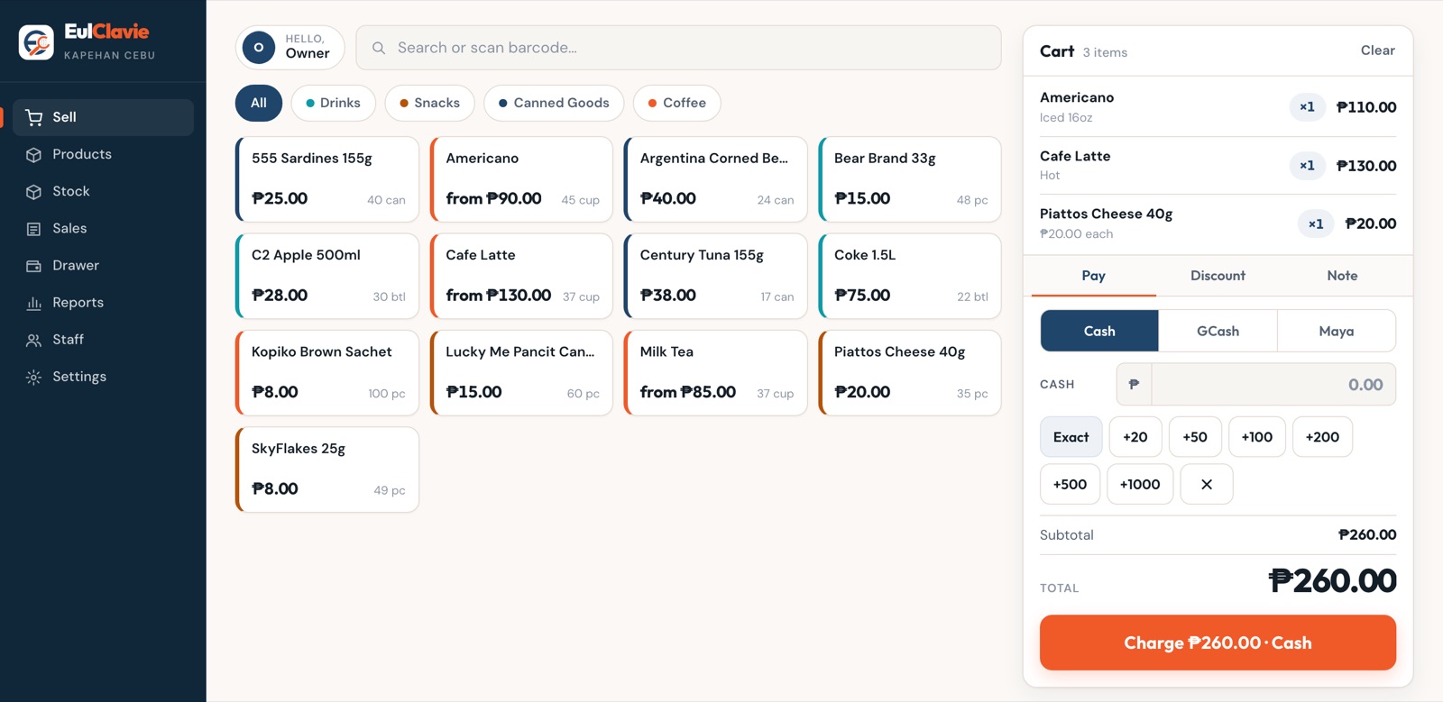 Sales and Inventory sell screen with product tiles, cart and one tap charge button