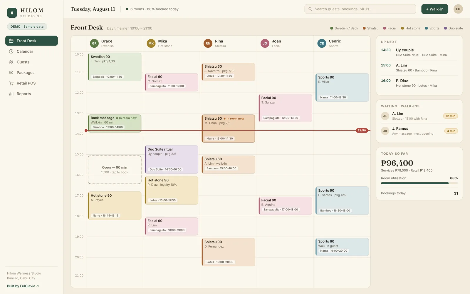 Front desk day timeline with five therapists' bookings, room tags and a walk in queue