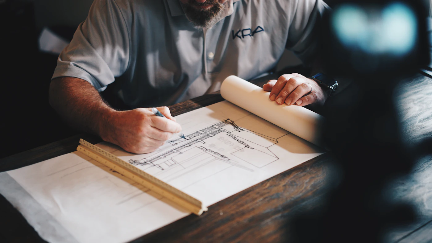 Placeholder photograph of an engineer marking up a technical drawing