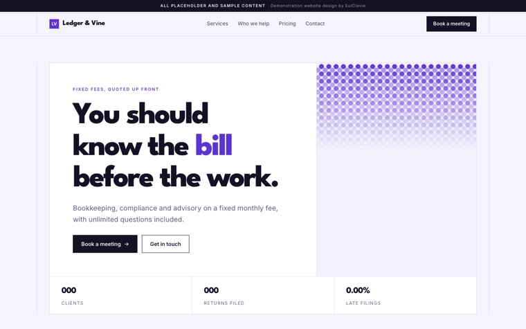 Ruled cells sample website for Ledger & Vine, a placeholder accounting firm