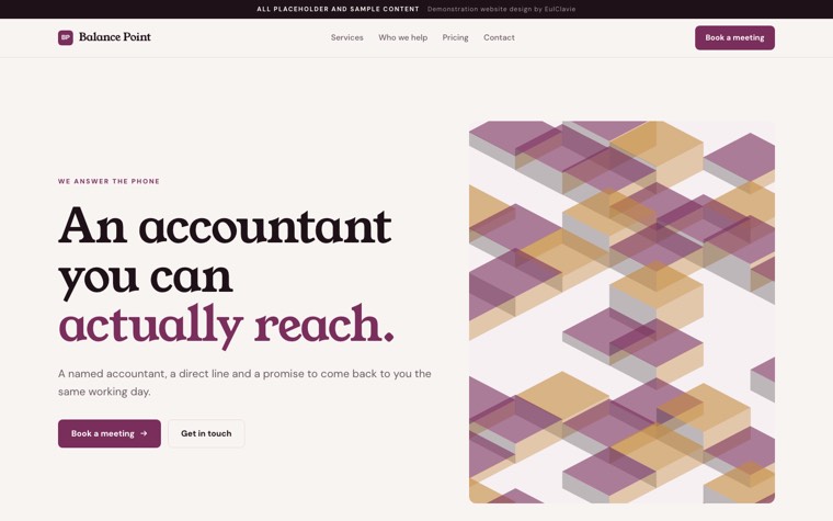 Sticky split sample website for Balance Point, a placeholder accounting firm