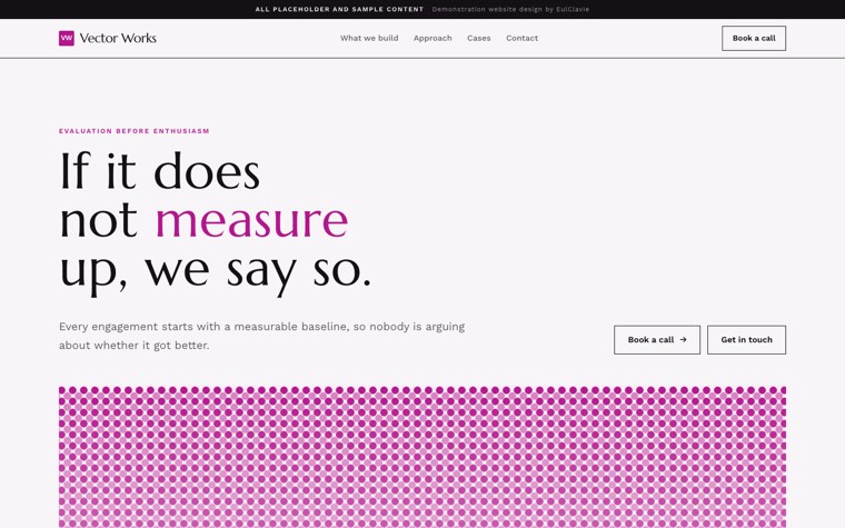 Editorial sample website for Vector Works, a placeholder ai studio