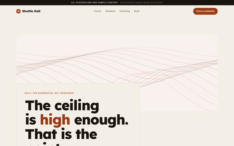 Soft cards sample website for Shuttle Hall, a placeholder badminton hall