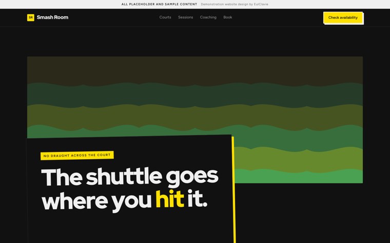 Collage zine sample website for Smash Room, a placeholder badminton hall