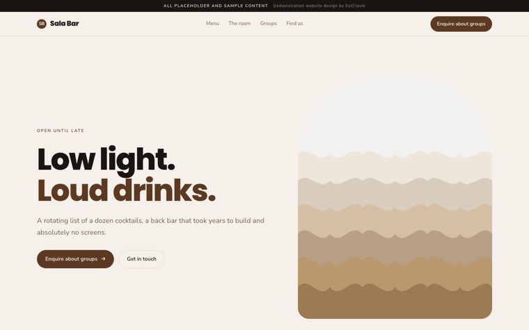 Organic curves sample website for Sala Bar, a placeholder cocktail bar