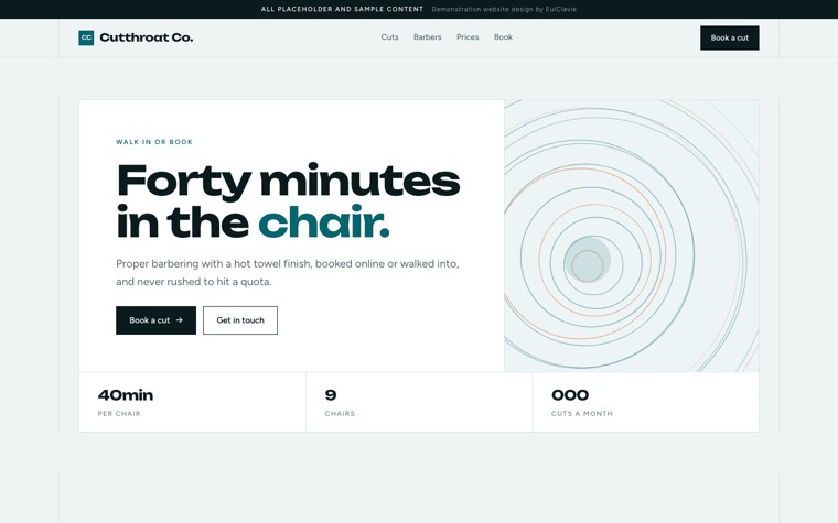 Ruled cells sample website for Cutthroat Co., a placeholder barbershop