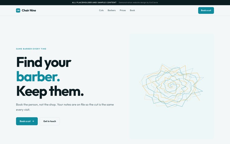 Sticky split sample website for Chair Nine, a placeholder barbershop