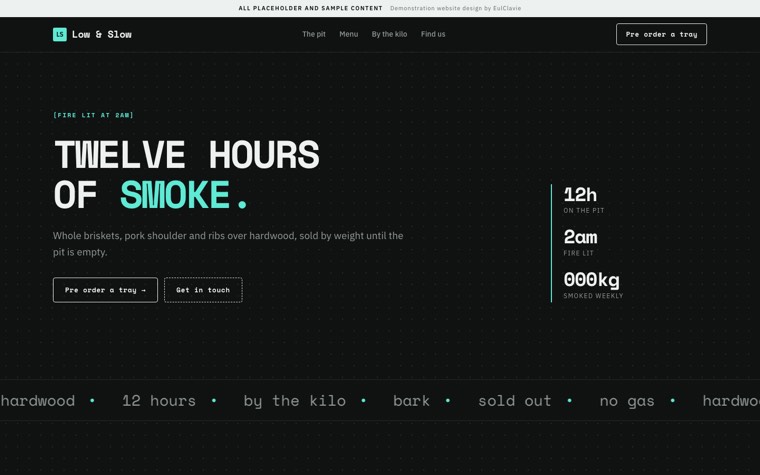 Technical mono sample website for Low & Slow, a placeholder barbecue joint