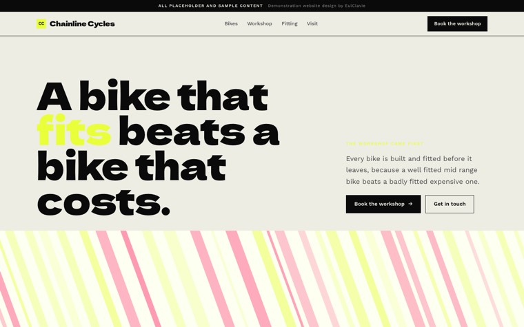 Diagonal bands sample website for Chainline Cycles, a placeholder bike shop