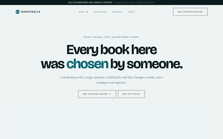 Quiet luxury sample website for Marginalia, a placeholder bookshop