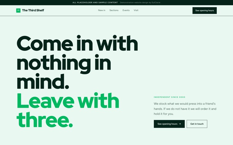 Diagonal bands sample website for The Third Shelf, a placeholder bookshop