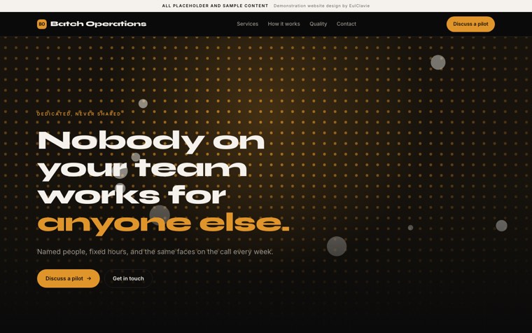 Dark glow sample website for Batch Operations, a placeholder outsourcing company