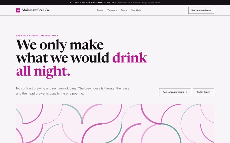 Editorial sample website for Mainmast Beer Co., a placeholder craft brewery
