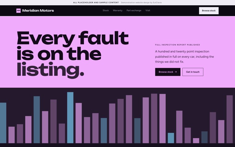 Poster type sample website for Meridian Motors, a placeholder car dealership