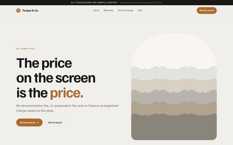 Organic curves sample website for Torque & Co., a placeholder car dealership