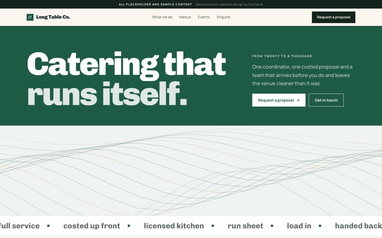 Poster type sample website for Long Table Co., a placeholder catering company