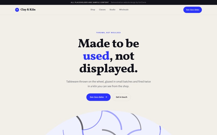 Arches sample website for Clay & Kiln, a placeholder ceramics studio