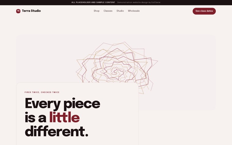 Soft cards sample website for Terra Studio, a placeholder ceramics studio