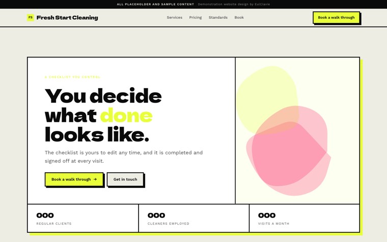 Neo brutalist sample website for Fresh Start Cleaning, a placeholder cleaning company