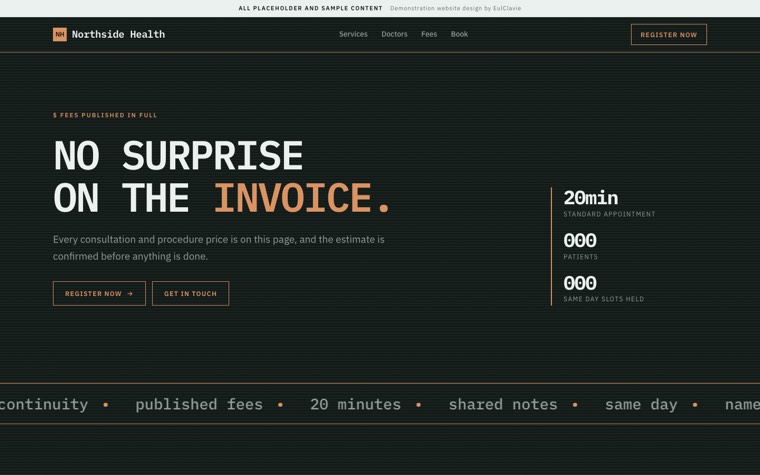 Console sample website for Northside Health, a placeholder medical clinic