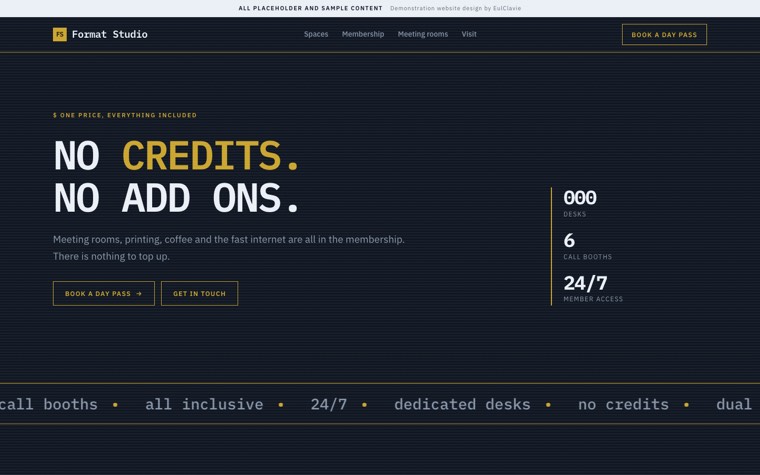 Console sample website for Format Studio, a placeholder coworking space