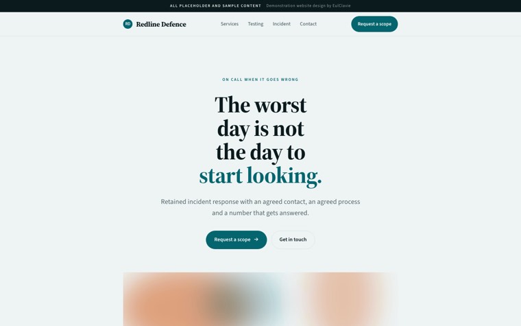 Single column sample website for Redline Defence, a placeholder cybersecurity firm