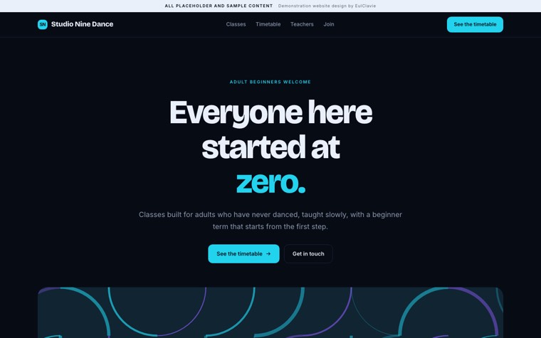 Bento grid sample website for Studio Nine Dance, a placeholder dance studio