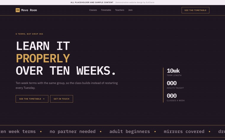 Console sample website for Move Room, a placeholder dance studio