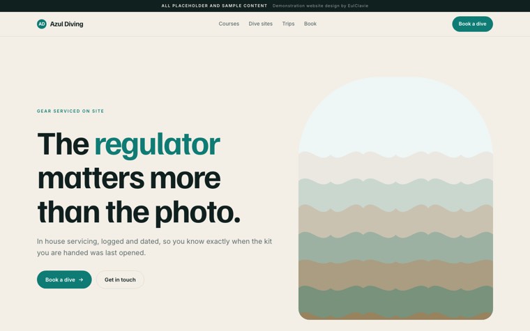 Organic curves sample website for Azul Diving, a placeholder dive centre
