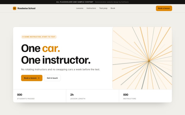 Product deck sample website for Roadwise School, a placeholder driving school
