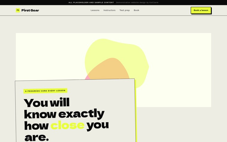 Collage zine sample website for First Gear, a placeholder driving school