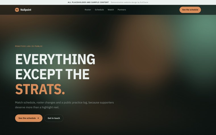 Gradient glass sample website for Nullpoint, a placeholder esports team