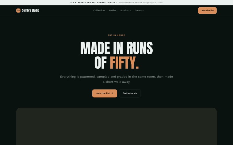 Bento grid sample website for Sombra Studio, a placeholder fashion label