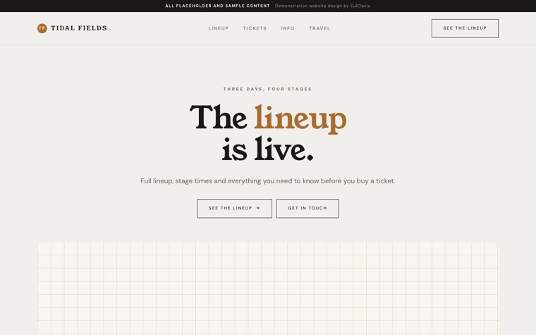 Quiet luxury sample website for Tidal Fields, a placeholder music festival