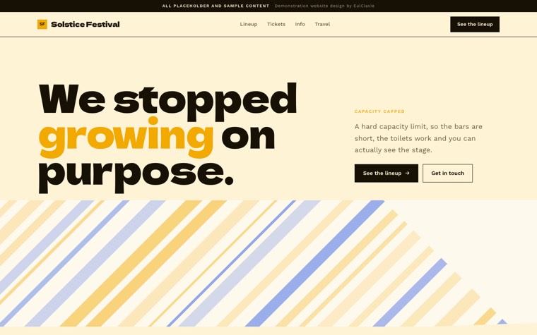Diagonal bands sample website for Solstice Festival, a placeholder music festival