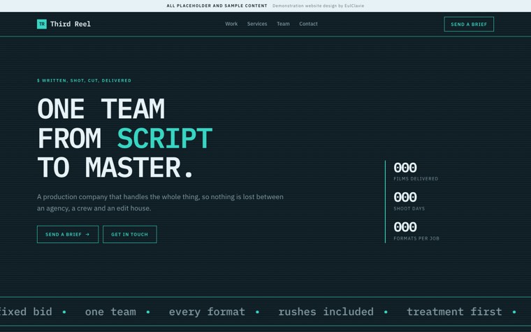 Console sample website for Third Reel, a placeholder film production