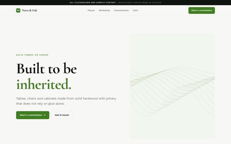 Sticky split sample website for Narra & Oak, a placeholder furniture maker