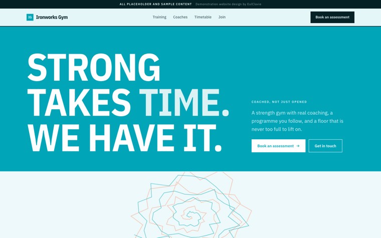 Poster type sample website for Ironworks Gym, a placeholder gym
