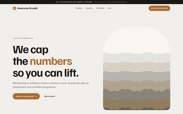 Organic curves sample website for Basecamp Strength, a placeholder gym
