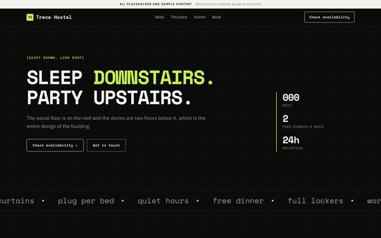 Technical mono sample website for Trece Hostel, a placeholder hostel