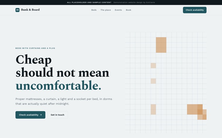 Sticky split sample website for Bunk & Board, a placeholder hostel