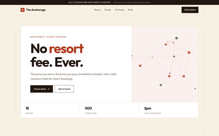 Ruled cells sample website for The Anchorage, a placeholder boutique hotel
