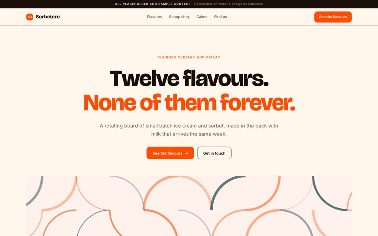 Bento grid sample website for Sorbetero, a placeholder ice cream shop
