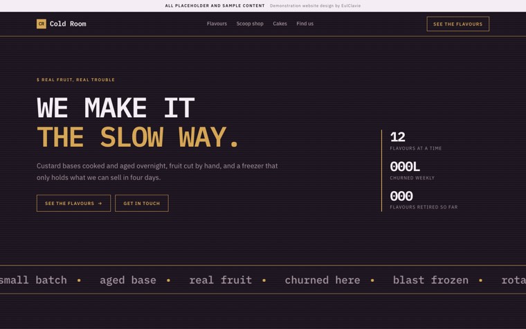 Console sample website for Cold Room, a placeholder ice cream shop