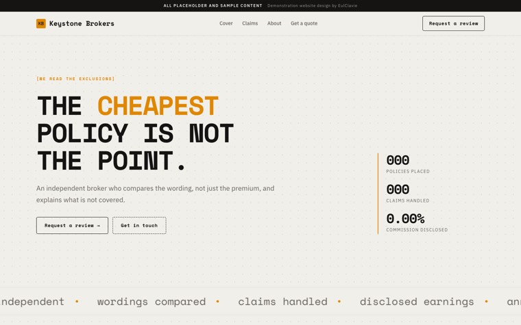 Technical mono sample website for Keystone Brokers, a placeholder insurance broker