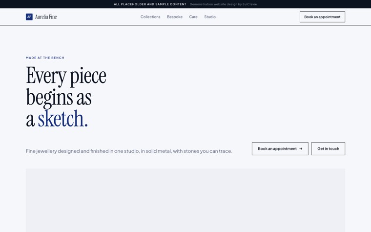 Editorial sample website for Aurelia Fine, a placeholder jewellery studio
