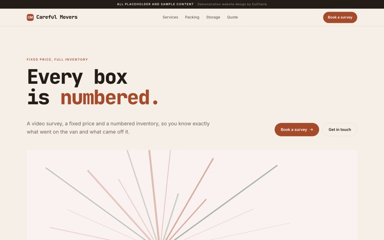 Stacked panels sample website for Careful Movers, a placeholder removals company