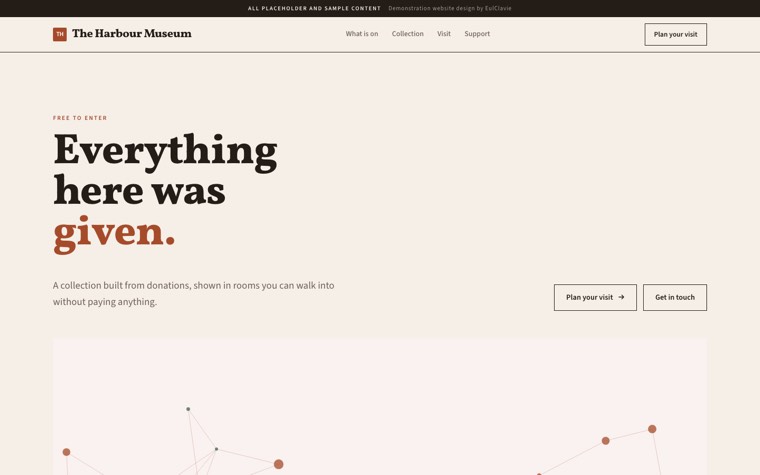 Editorial sample website for The Harbour Museum, a placeholder museum